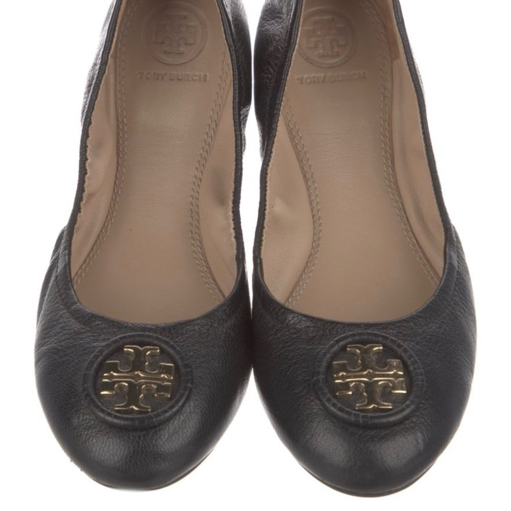 Tory Burch Black Leather Flats with Gold Logo